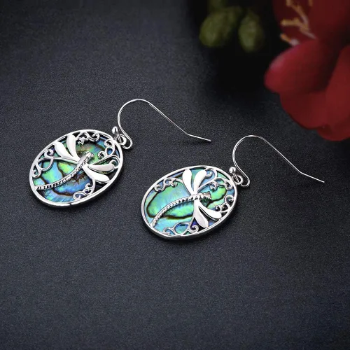 Vista 5 de Aretes de libélula chapados en oro blanco aretes colgantes de concha natural de moda para mujeres y niñas Metal Abulón