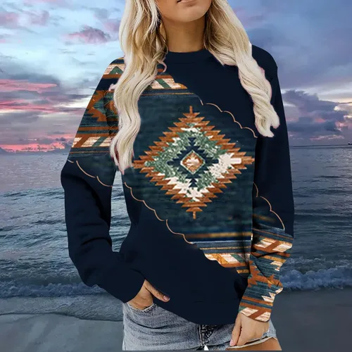 Vista 2 de Sudadera de manga larga con cuello redondo para mujer, casual, holgada, con estampado azteca occidental, camiseta tipo túnica de moda de otoño