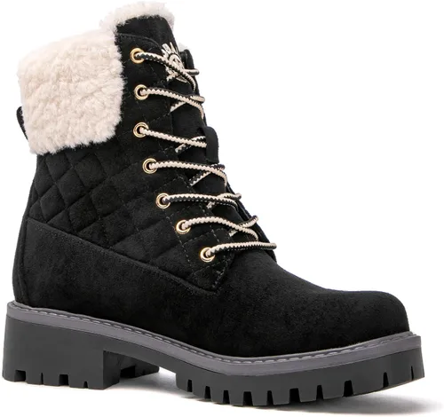 Vista 3 de GLOBALWIN Botas de tobillo acolchadas para mujer, botas de combate de moda, con cordones, tacón bajo, botines de piel cálida para mujer