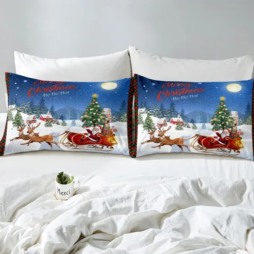 Vista 4 de Funda de edredón de Feliz Navidad para niños, jóvenes y adultos, juego de ropa de cama de Papá Noel de Navidad, diseño de copos de nieve, árbol