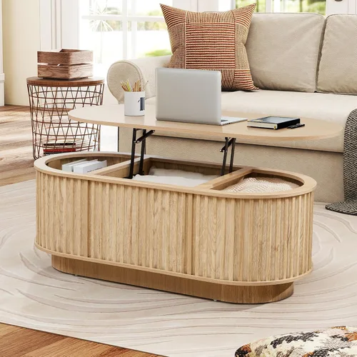 Vista 10 de Mesa de Centro Ovalada con Tapa Elevable y Almacenamiento, 43.3" Mesa Central Moderna de Mediados de Siglo con Compartimento Oculto, Mesa de Comedor