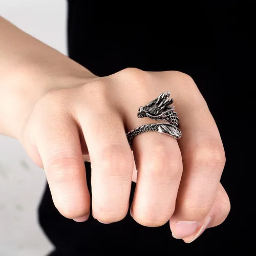 Vista 2 de Anillo vintage de dragón para hombre, plata de ley 925, anillos punk abiertos para mujeres y niños, anillos ajustables de plata maciza, gótico, hip