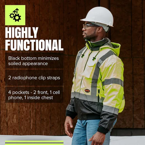 Vista 6 de Pioneer Hi Vis Work Jacket for Men - Waterproof Safety Bomber with Reflective Tape- Meets ANSI Class 3 - Winter Rain Jacket with Detachable Hood