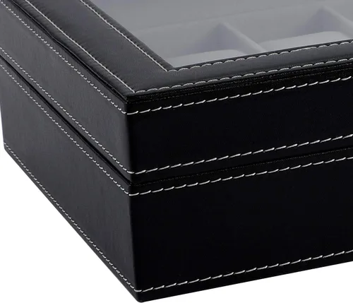Vista 9 de Caja de reloj con 12 ranuras para reloj, organizador con parte superior de cristal, caja de almacenamiento de reloj negra para hombres y mujeres