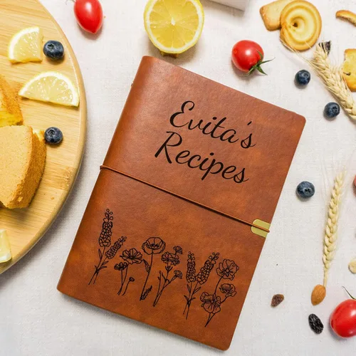 Vista 2 de Glamativity Personalized Leather Recipe Book, Laser Engraving Custom Name Journal Notebook, Family Cookbooks