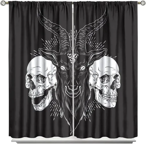 Vista 45 de BAEKJIN Cortinas de cabeza de cabra, diseño de calavera malvada, bruja, símbolo misterioso, bolsillo para barra, cortinas opacas para ventana, juego