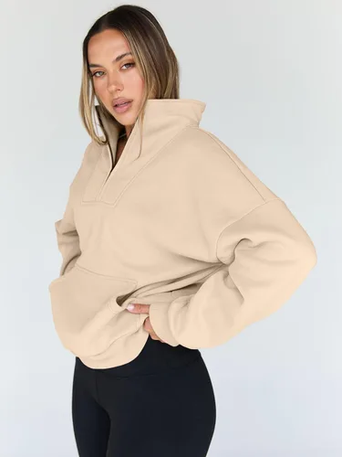 Vista 4 de Trendy Queen - Sudaderas con medio cierrey capucha de gran tamaño, comoda, extragrande, para otoño, Y2K, ropa de invierno, 2024 Albaricoque