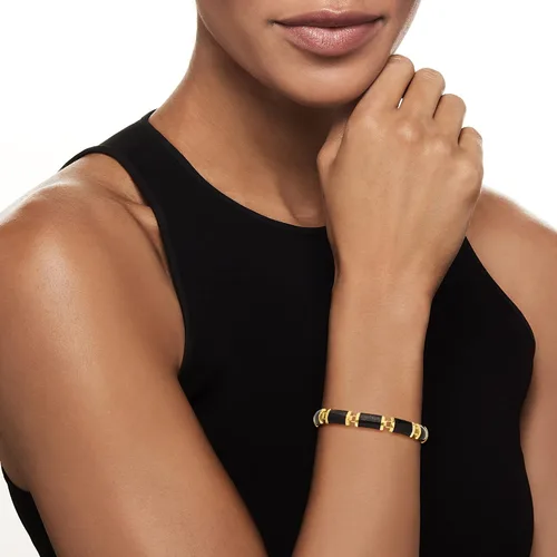 Vista 2 de Ross-Simons Pulsera de jade negro "Good Fortune" en oro amarillo de 14 quilates, Gema, Jade