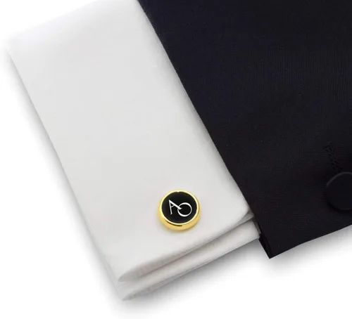 Vista 6 de Gemelos negros y dorados - Gemelos con inicial grabada - Gemelos de boda - Novio, padrino de boda, papá, padre regalo de boda personalizado