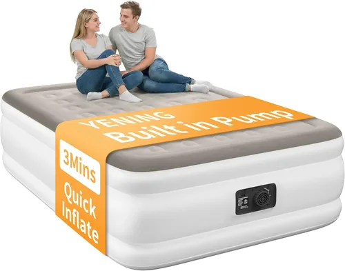 Vista 11 de YENING Colchón de aire tamaño completo con bomba incorporada, cama elevada doble inflable, cama de aire hinchable para camping eléctrico de 18 Beige