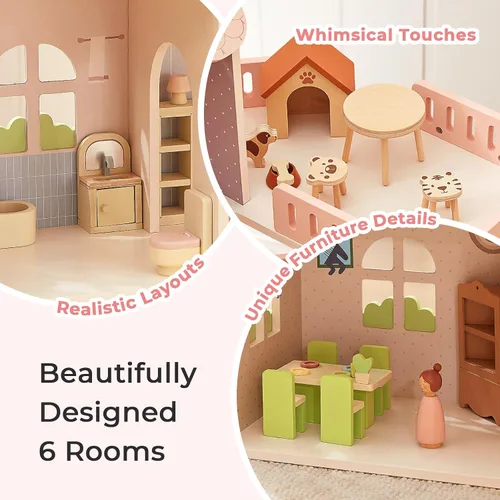 Vista 4 de OOOK Casa de muñecas de madera con 60 accesorios de muebles de lujo, incluyendo 4 muñecas y 2 mascotas, casa grande de muñecas de 3 pisos con 6