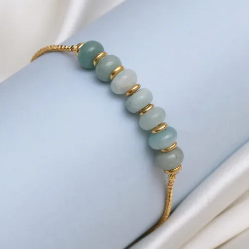 Vista 3 de Gempires - Pulsera de cuentas redondas naturales, chapada en oro amarillo de 14 quilates, joyería hecha a mano, pulseras ajustables para mujer