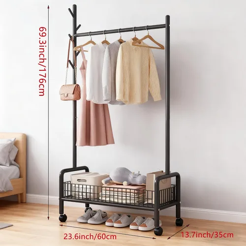 Vista 2 de Perchero con estantes de almacenamiento, perchero resistente con ruedas para dormitorio, sala de estar, organización de lavandería