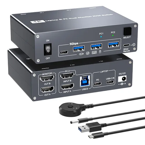 Vista 15 de 2 monitores 4 computadoras KVM Switch portátil y escritorio 4 puertos híbrido USB-C docking y doble Displayport y DP HDMI y Dual HDMI 4K@60Hz KVM