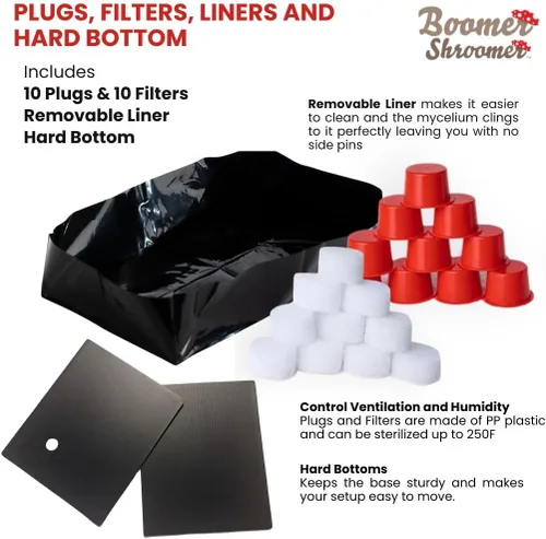 Vista 3 de Kit Inflable Monotubo Boomer Shroomer, Kit para Cultivo de Hongos Incluye Puerto de Drenaje, Tapones y Filtros, Forro Removible