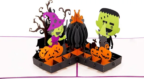 Vista 2 de PopLife Tarjeta desplegable 3D de caldero de Halloween, recuerdo de fiesta de truco o trato, caldero de bruja espeluznante y calabazas, sorpresa