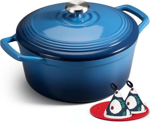 Vista 9 de Overmont - Horno holandés de hierro fundido esmaltado, de 4.5 QT, con tapa, libro de cocina (idioma español no garantizado) y agarraderas de verde