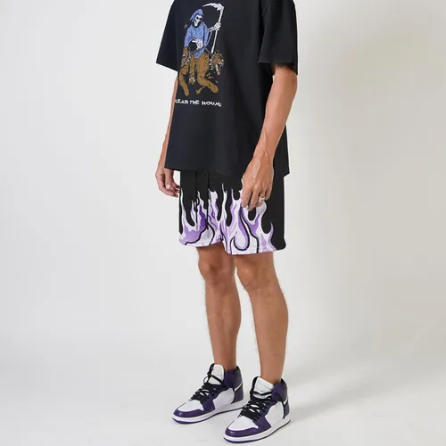 Vista 4 de BOOMLEMON Pantalones cortos de baloncesto para hombre, pantalones cortos deportivos de entrenamiento casual con estampado gráfico de llama de malla