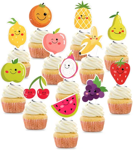 Vista 3 de 24 piezas de decoraciones para cupcakes de Tutti Frutti de dibujos animados, sandía, limón, fresa, cereza y naranja, para tutti frutti, baby shower