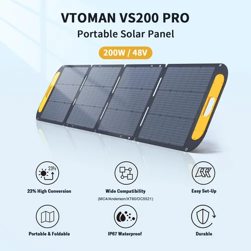Vista 2 de VTOMAN VS200 Pro Panel solar portátil de 200 W 48 V, 23 % de eficiencia, panel solar plegable con impermeabilidad IP67 y adaptadores MC-4 Anderson