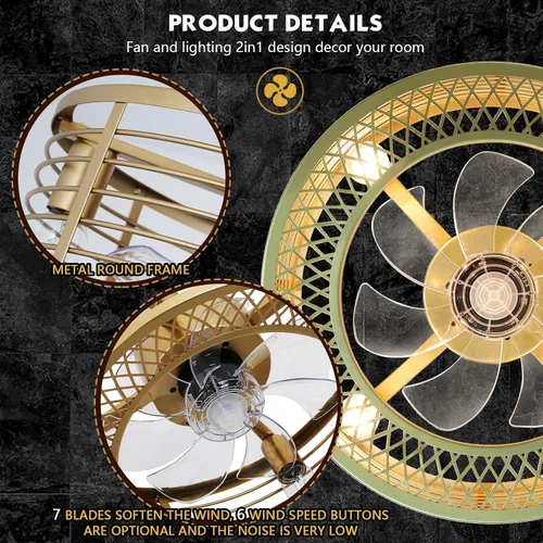 Vista 5 de Chinco Star Ventilador de Techo Enjaulado con Luz, Ventilador de Techo Fandelier Dorado y Control Remoto - Motor Reversible, Viento de 6