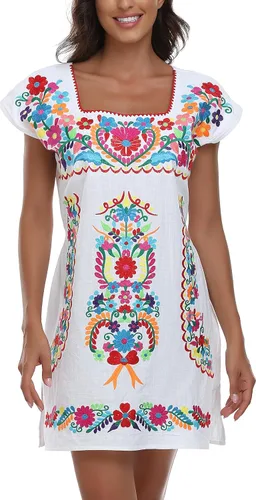 Vista 9 de YZXDORWJ Vestido bordado mexicano sin mangas con cuello de volantes para mujer