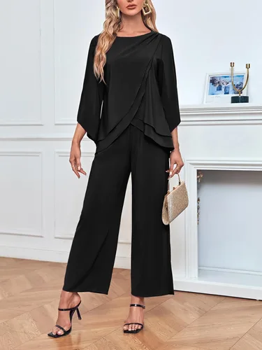 Vista 2 de Zongqiven Traje de 2 piezas de gasa para mujer con dobladillo asimétrico, blusa y pantalones para boda, fiesta, baile de graduación