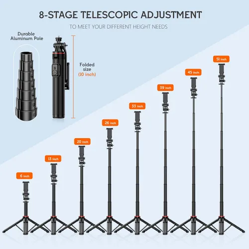 Vista 3 de Trípode de teléfono de 51 pulgadas, trípode extensible para iPhone y selfie Stick con control remoto inalámbrico y soporte desmontable
