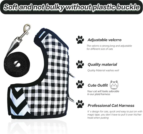 Vista 4 de Arnés de gato con correa, ajustable para gatos, chaleco acolchado para gatos, Black Plaid