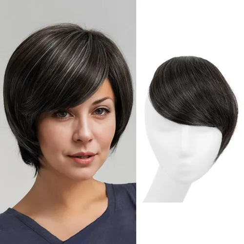 Vista 10 de SARLA Flequillo lateral negro marrón con clip en piezas de cabello sintético, extensión de flequillo recto para mujeres