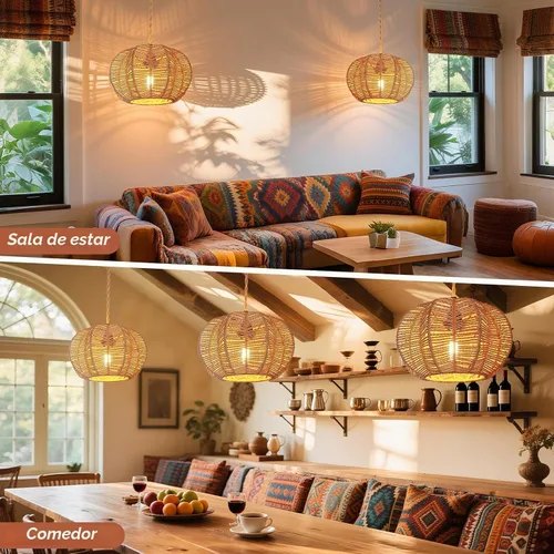 Vista 5 de Luces Colgantes con Cable de Enchufe, Lámpara Colgante de Ratán, Luminarias de Techo Boho, Lámpara Colgante de Estilo Rústico para Sala de Estar