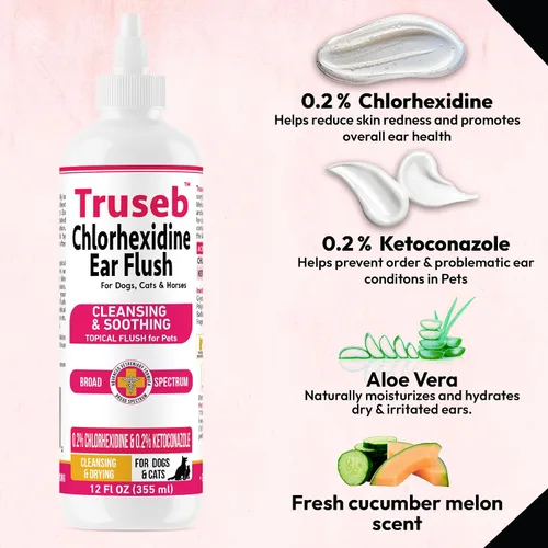 Vista 4 de Truseb Advanced - Lavado Tópico de Oídos para Perros con Ketoconazol y Clorhexidina para Perros, Gatos y Caballos, con Aloe - 12 oz Hecho en EE.UU.