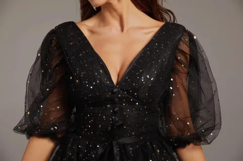 Vista 4 de Smileven Vestidos de fiesta de tul estrellado brillante para mujer manga abombada abertura formal vestidos de fiesta de noche