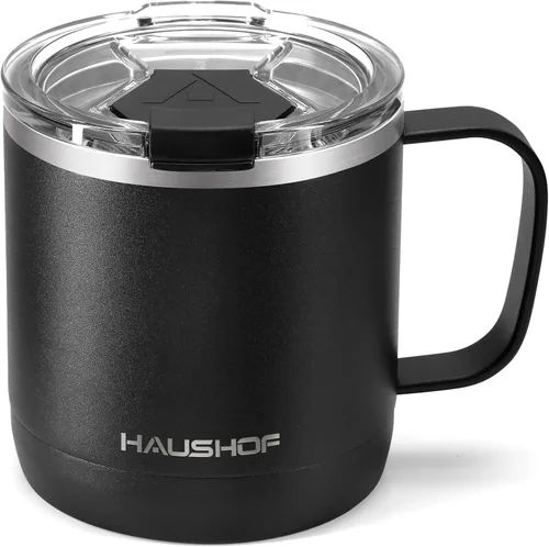 Vista 8 de HAUSHOF Taza de café de 14 onzas, taza de café aislada con asa, taza de viaje para camping, taza de café portátil de acero inoxidable, tazas de café