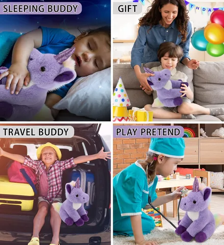Vista 4 de DolliBu Peluche de unicornio morado – Unicornio suave para abrazar, adorable juguete de peluche de unicornio para jugar, lindo regalo de fantasía