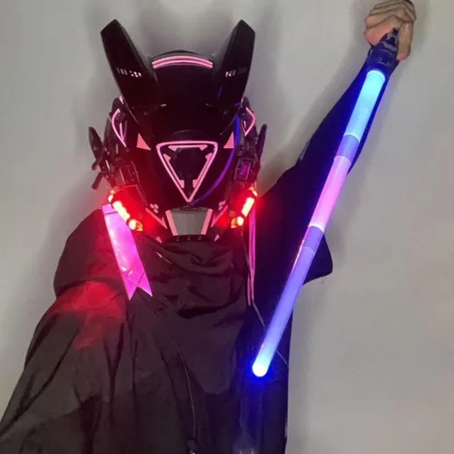 Vista 2 de Máscara punk futurista para hombres y mujeres, máscara mecánica negra punk tecnológica con luces LED, máscara de cara completa para cosplay