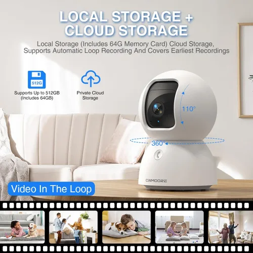 Vista 5 de Cámara interior 3K con tarjeta de 64 GB, detección de IA humana/mascota/facial, cámara de perro/gato/mascota interior con aplicación de teléfono