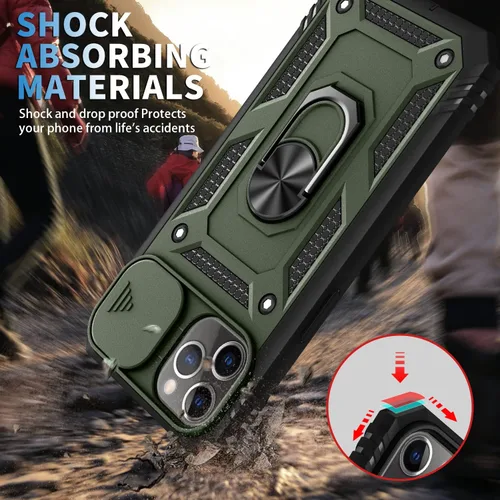 Vista 4 de PASNEW Funda militar para iPhone 13 Pro Max, cubierta de cámara deslizante y soporte de anillo de metal de 360°, carcasa rígida multicapa resistente