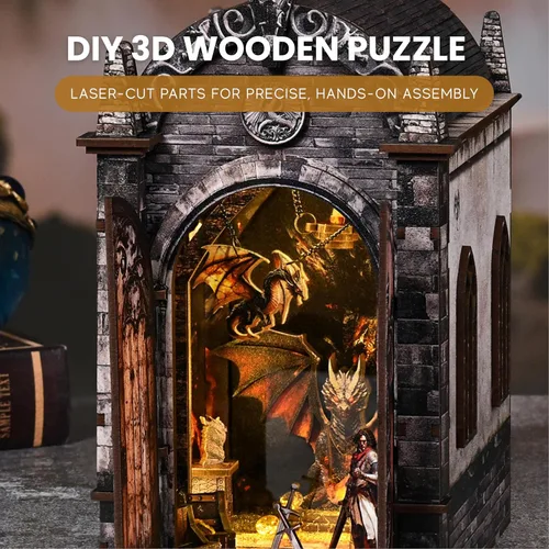 Vista 4 de Kit de rincón de libros de bricolaje con luces LED, rompecabezas de madera 3D para adultos (laberinto del tesoro del dragón)