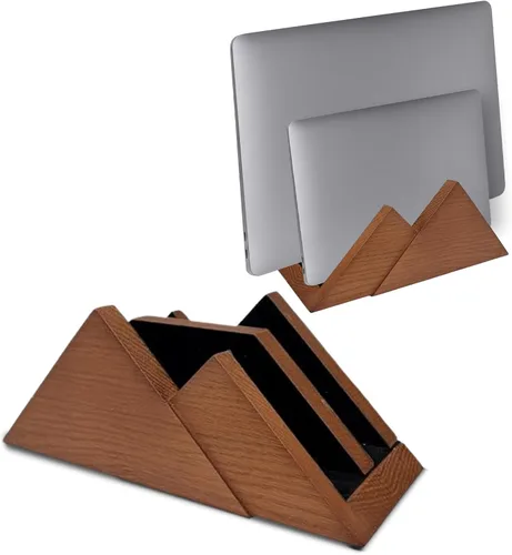 Vista 8 de Soporte vertical doble para laptop, 2 ranuras de madera, marrón oscuro (color nogal) - Soporte vertical para escritorio, MacBook Pro y Air