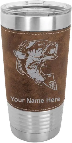 Vista 10 de LaserGram Vaso aislado al vacío de 20 onzas, pez bajo, grabado personalizado incluido (piel sintética, estilo béisbol)