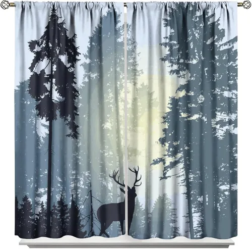 Vista 23 de Cortinas opacas con diseño de ciervos, bosque brumoso, rústico, vida silvestre, alce, montaña, pájaros, pino, bosque, cortinas de ventana