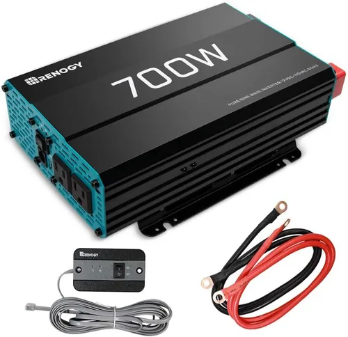 Vista 2 de Renogy Inversor de onda sinusoidal pura de 700 W, convertidor de 12 V CC a 120 V CA y módulo Bluetooth RJ12 Puerto de comunicación compatible