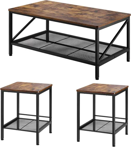 Vista 10 de VEVOR Juego de 3 mesas para sala de estar, mesa de café industrial de 41.3 pulg con 2 mesas auxiliares cuadradas, juego de mesas de café