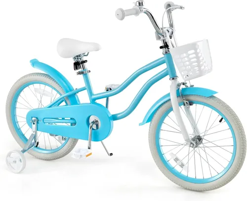 Vista 8 de HONEY JOY Bicicleta para niños de 12, 14, 16, 18, 20 pulgadas, con ruedas de entrenamiento, freno de mano y freno de posavasos, cadena totalmente