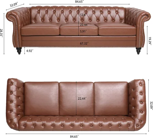 Vista 2 de Sofá Chesterfield de 3 plazas de 85 pulgadas, moderno sofá tapizado de piel sintética con brazo trasero copetudo, patas de madera negra, para Marrón