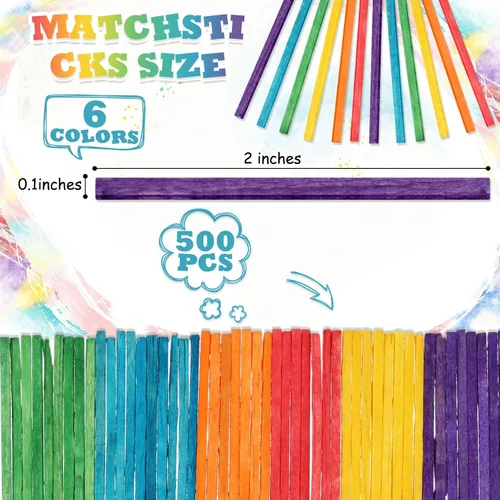 Vista 2 de Geetery 500 palillos coloridos para manualidades, 2 x 0.1 pulgadas, palillos de madera a juego para niños, adultos, manualidades, proyectos