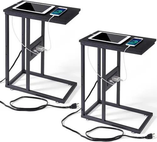 Vista 23 de VECELO Mesa auxiliar en forma de C con estación de carga y tomas de corriente para sofá, cama, bandeja de TV con marco de metal para sala de estar
