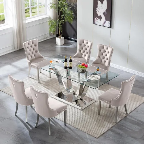 Vista 11 de SSLine Mesa de comedor de cristal dorado de 70 pulgadas para 4-6, base de Mesa de oro floral