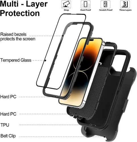 Vista 2 de Funda para iPhone 14 Pro Max de 6.7 pulgadas con 2 protectores de pantalla y soporte de funda de clip para cinturón, resistente protección de cuerpo